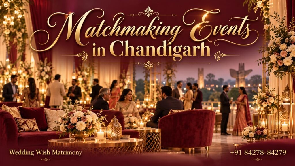 Luxury matchmaking event concept in Chandigarh with Indian guests, maroon velvet seating, ivory floral arrangements, gold décor and Wedding Wish Matrimony branding.