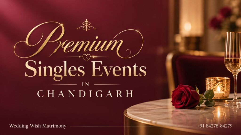 Premium Singles Events in Chandigarh banner with gold lettering, a red rose, candlelight and a wine-coloured backdrop.