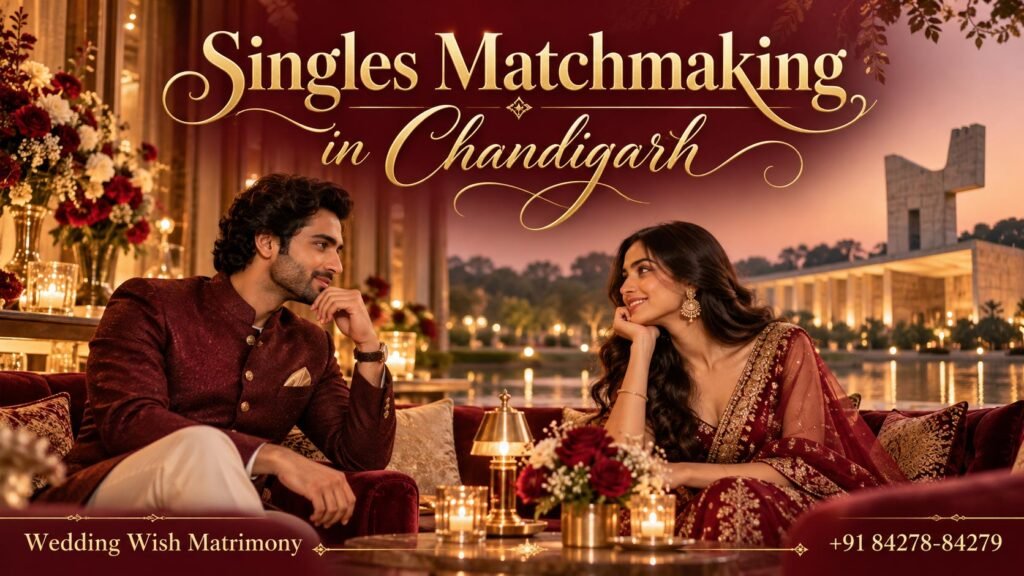 Elegant Indian singles in a luxury maroon and gold setting, representing singles matchmaking in Chandigarh by Wedding Wish Matrimony.