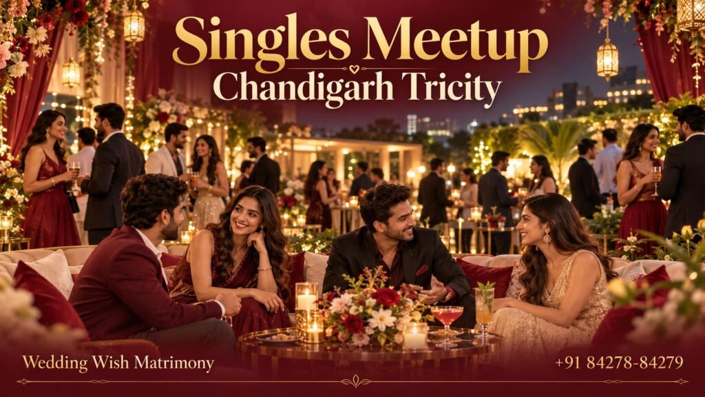 Elegant singles meetup in Chandigarh Tricity featuring Indian men and women socializing at a luxury matchmaking event by Wedding Wish Matrimony.