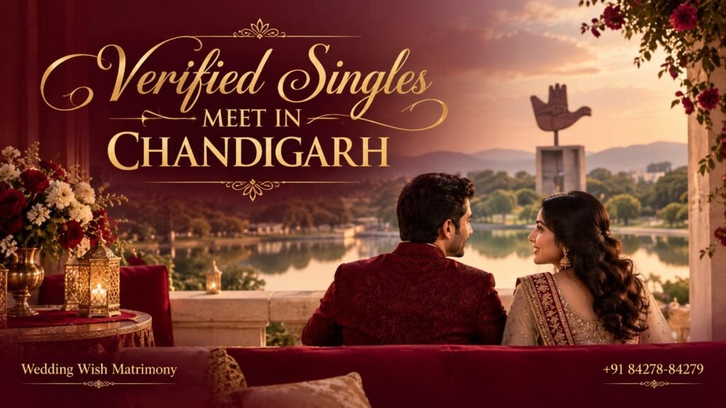 Indian couple in elegant traditional attire enjoying a romantic setting in Chandigarh, representing verified singles seeking genuine marriage connections.