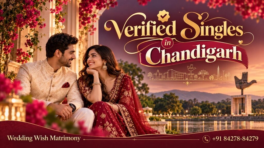 Elegant Indian couple in traditional wedding attire representing verified singles in Chandigarh at Wedding Wish Matrimony.
